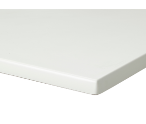Werzalit table top with White Finish corner detail