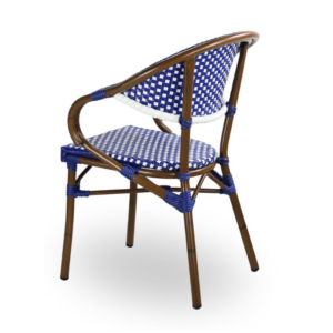 Rear angle view of the Moritz Bistro Chair in Blue and White to show the weave from the side