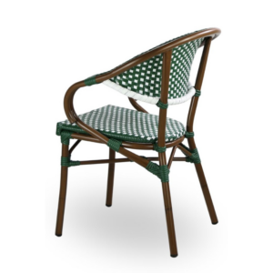 Rear angle view of the Moritz Bistro Chair ir in green and White to show the weave from the side