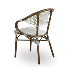 Rear angle view of the Moritz Bistro Chair in Grey and White to show the weave from the side