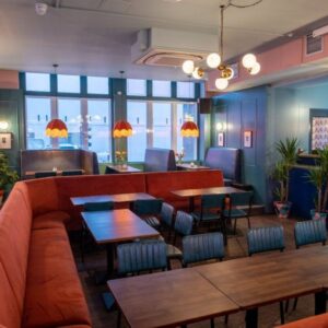 full room of pub furniture