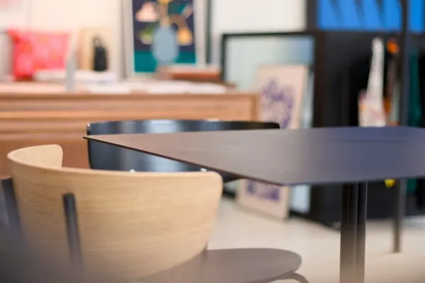 Close up of chair and table inside a restaurant
